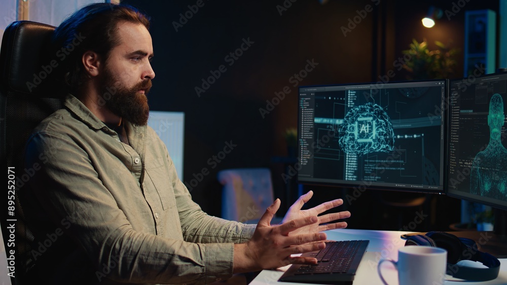 Poster man staggered by ai gaining consciousness, becoming android and waving hand to salute him. computer 