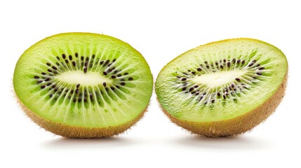 Two kiwi slices are isolated on a white background. They are cut perfectly and have a full depth of field.