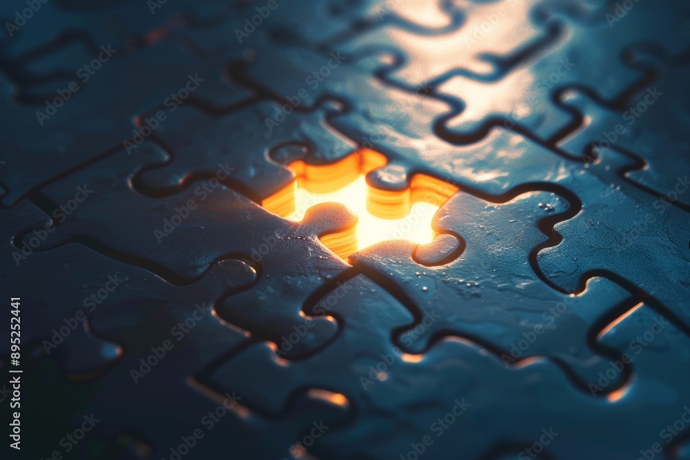 Poster resilient luminous puzzle piece symbolizes strength and unity in 3d render on dark blue background