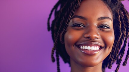 Portrait of a woman with colorful dreadlocks and a bright smile, suitable for cultural or lifestyle themes