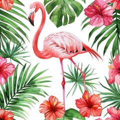 Hand-drawn watercolor illustration of tropical seamless pattern with flamingos