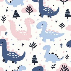 Scandinavian cartoon dinosaurs seamless pattern