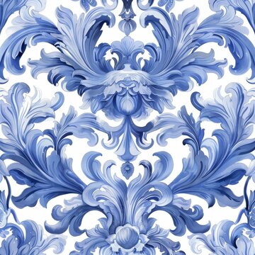 An elegant watercolor blue baroque seamless pattern with rococo ornament texture and hand-drawn gold scrolls and leaves.
