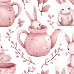 Handdrawn watercolor illustration of baby rabbit animal with flower in pink teapot and cup, illustration for children clothing.