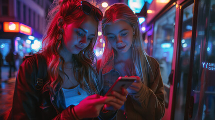 Obraz premium Two young women looking at a taxi app on their phones, waiting for their ride after a night out at the club