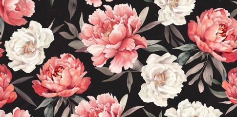 Pattern design for textiles, interior, clothing, wallpaper. Pattern design for peonies on dark background.