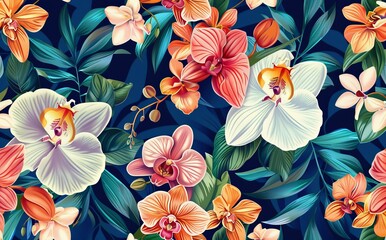 A stylish spring floral seamless pattern with dots and lineart.