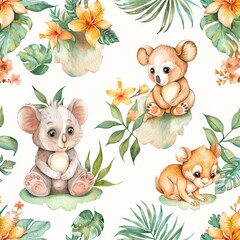 Wild nature illustration with cute little tropical animals. Zebra, giraffe, tiger, cheetah, leopard seamless pattern.
