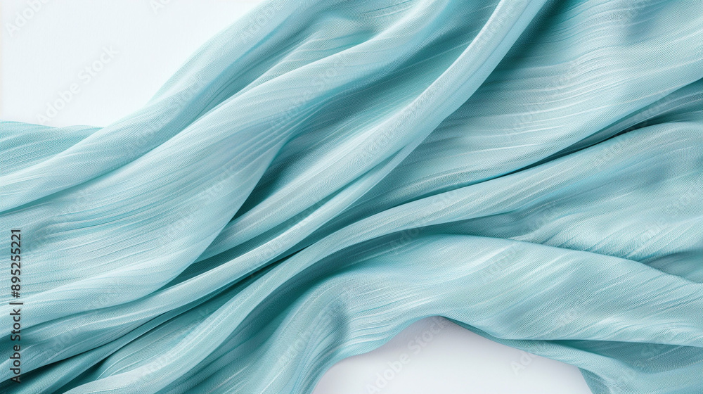 Poster light blue smooth fabric draped elegantly. textured material flowing with soft curves and gentle wav