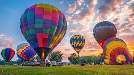 Colorful hot air balloons getting ready for take off in a picturesque scene at early morning dawn