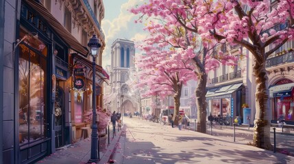 Fototapeta premium Charming parisian street adorned with beautiful blooming flowers in the vibrant colors of spring