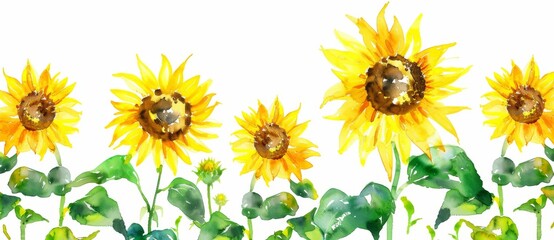 A seamless border of sunflowers, hand-drawn in watercolor. The image is isolated on a white background.