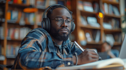 Obraz premium Young african student using computer laptop while studying inside library. Focus on face. Portrait.