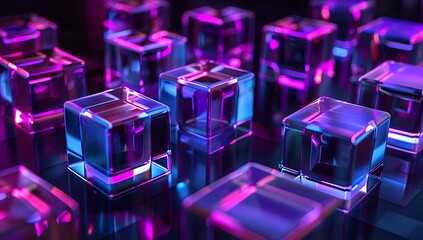Obraz premium Bright, colorful glass cubes in a futuristic black setting