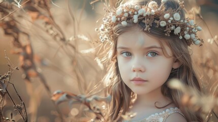 A young girl wearing a flower crown sits in a sunny field, surrounded by blooming flowers