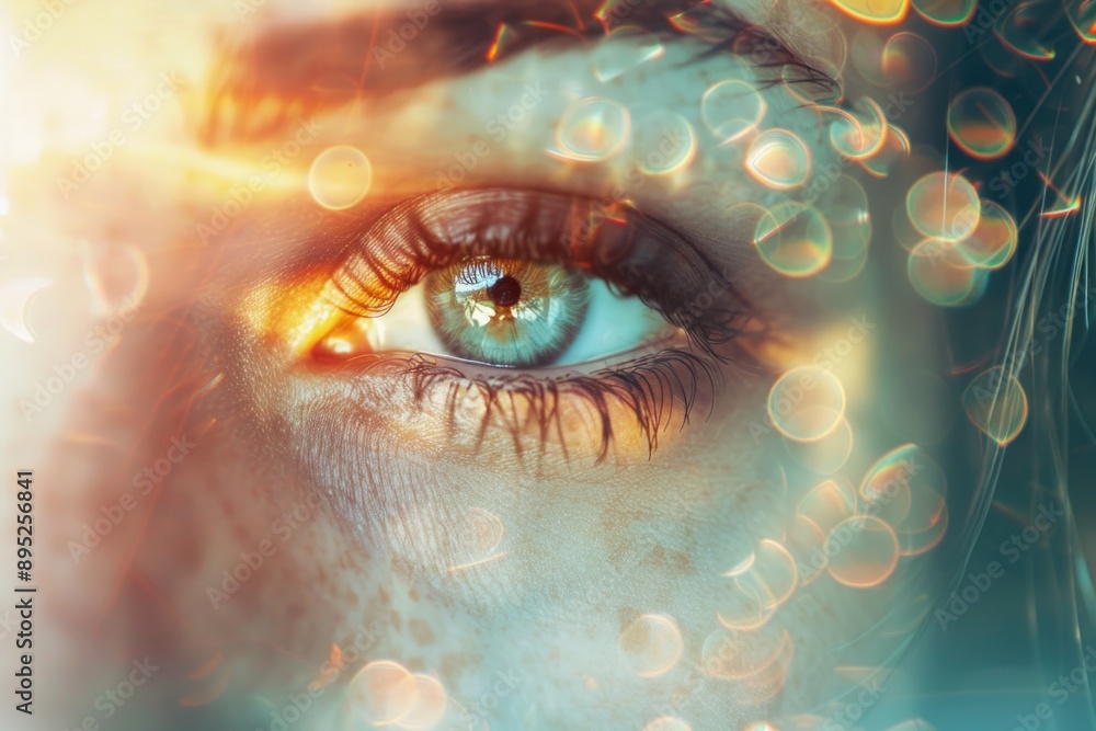 Poster a close-up shot of a person's eye with bubbles in the background, great for use in illustrations or 