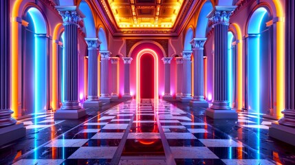 Obraz premium Vibrant Neon Lit Hallway with Glowing Arches. Futuristic architectural design with colorful lights. Perfect for backgrounds, creative projects, and digital art inspirations. AI
