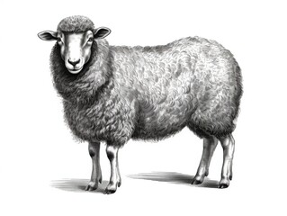 Black and white Vintage engraved art of a sheep isolated on white background, ink sketch illustration, simple vector art design, highly detailed line art, high contrasty. 