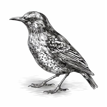 recommend clip art: Black and white Vintage engraved art of a starling isolated on white background, ink sketch illustration, simple vector art design, highly detailed line art, high contrasty