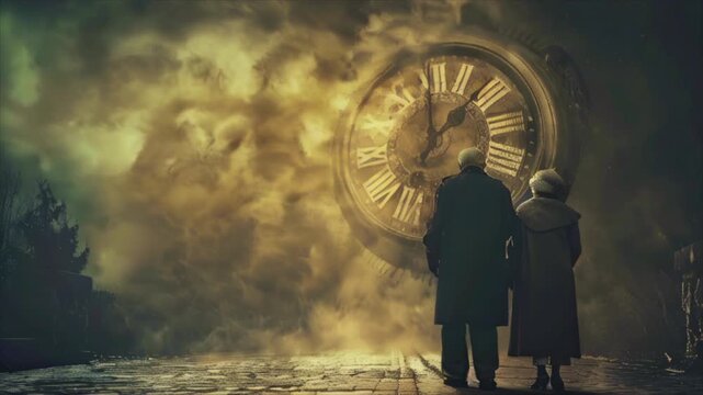Concept of life passing. Elderly couple walking towards a huge clock. Two old people and their time slipping away