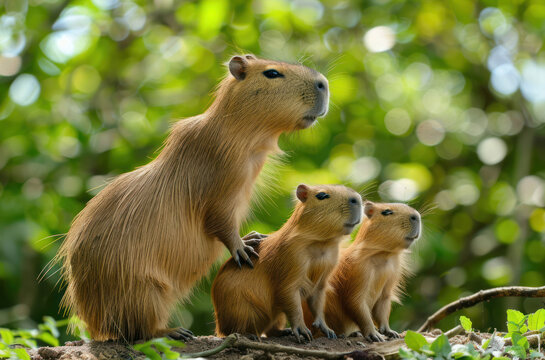 Three brown capybaras in the wild. Cute capybaras