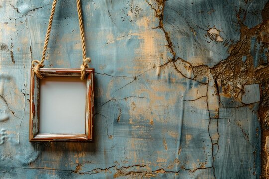 A picture frame suspended from a rope on the wall, ready to hold a treasured memory