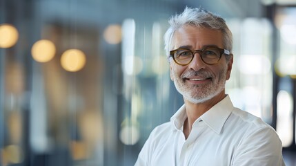 Fototapeta premium Happy Old Businessman in Office with Glasses and White Shirt