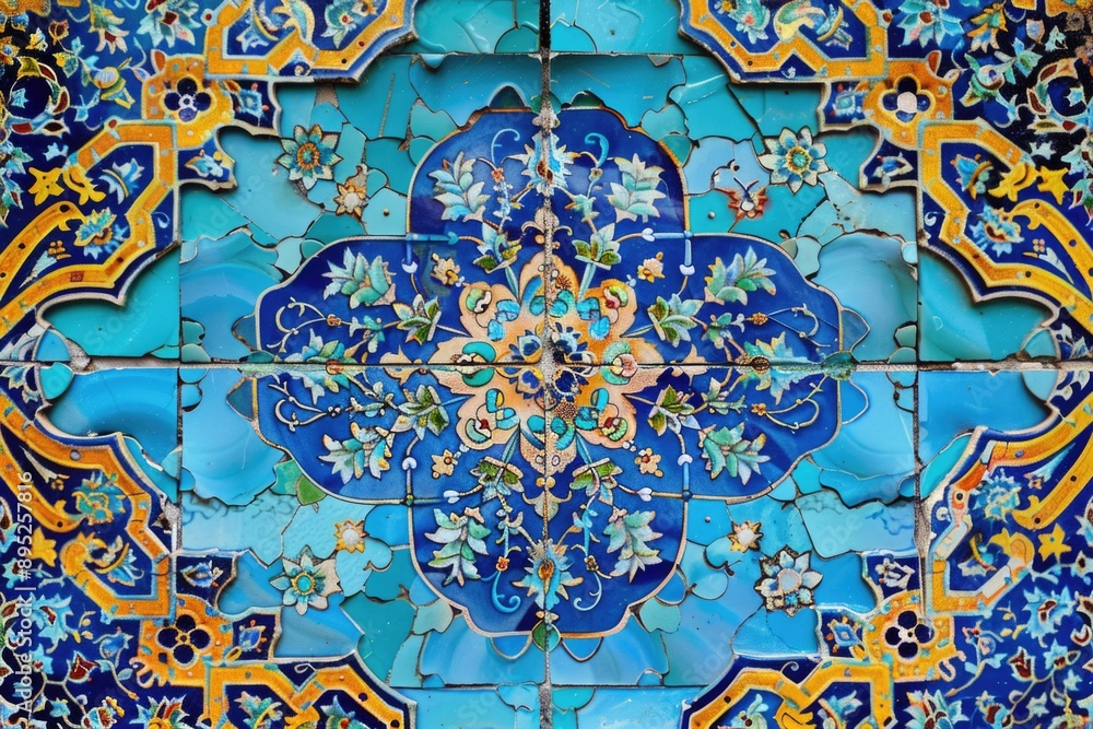 Poster a close-up shot of a blue and yellow tile, suitable for use in design or decorative projects
