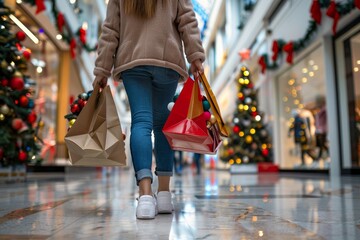 Immersed in a festive mall buzzing with holiday spirit, a woman happily browses for Christmas presents amid colorful decorations and a vibrant atmosphere, fully embracing the joy of the season