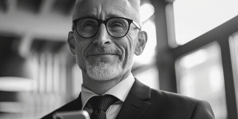 A man in a suit and tie holds a cell phone, possibly checking messages or making calls