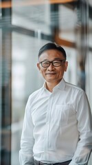 Fototapeta premium Smiling older businessman in office with glasses.