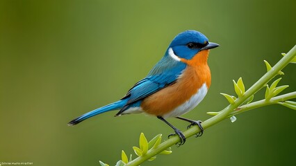 Colorful bird perched on a green branch.