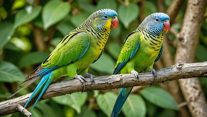 Obraz premium Two colorful parrots perched on a branch in a green leafy forest.