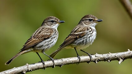 Two small birds perched on a branch with a green background.