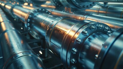 Fototapeta premium Industrial metallic pipelines and valves in modern factory, close-up view highlighting engineering and technology details.