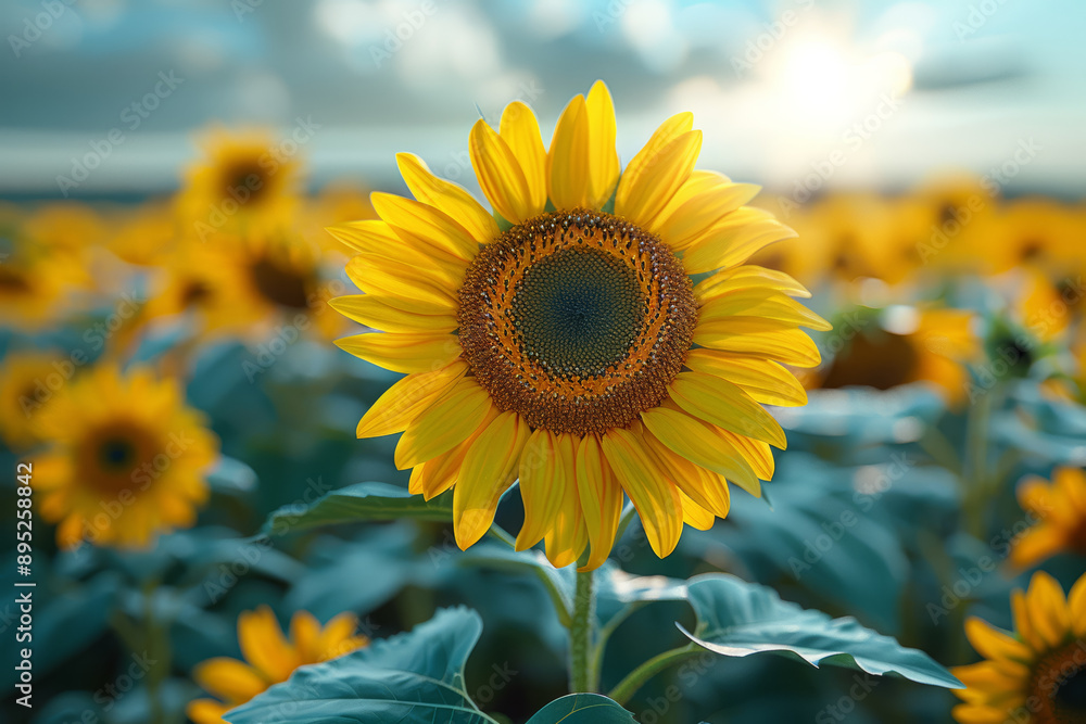 Poster A sunflower field stretches towards the horizon, each bloom facing the sun. Concept of natural growth and vibrant life. Generative Ai.