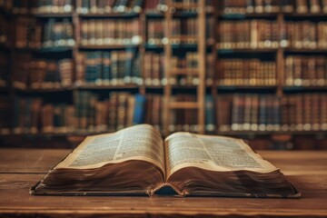  Antique book displayed on wooden table in a historical library filled with old books and wooden bookshelves
