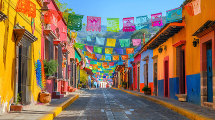 calle de un pueblo pintoresco y tradicional con cultura mexicana con decoracion de papel picado...