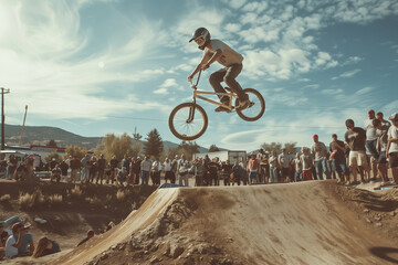 A BMX Rider Soars Over The Crowd In A Sunny Afternoon Competition