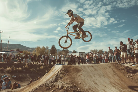 A BMX Rider Soars Over The Crowd In A Sunny Afternoon Competition