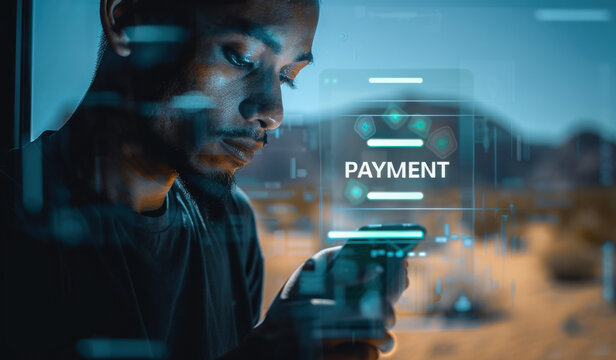 Secure Online Payment Transaction Process concept. Person confirming a secure online payment using a credit card through a digital interface with verification tick symbol. Internet banking, fintech,