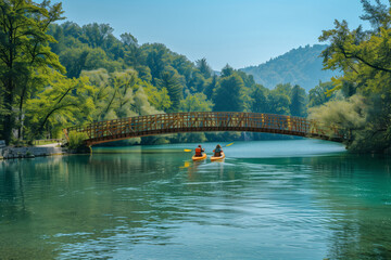 A Serene Paddle Beneath the Bridge on a Summer Day