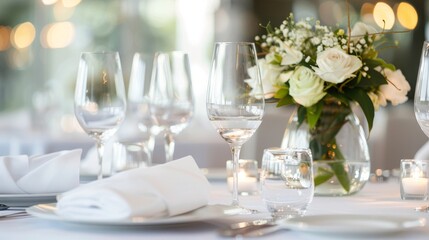 Fototapeta premium Fine dining table set with elegant, contemporary tableware, chic centerpiece with exotic flowers, ambient lighting, and sophisticated, clean-lined decor