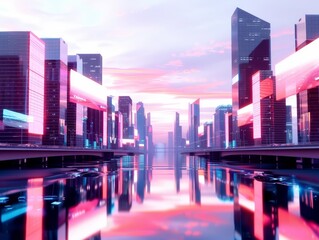 Naklejka premium Futuristic cityscape with floating neon billboards, sleek glass towers, and hovering vehicles, set against a twilight sky, reflecting on a calm river below