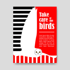 poster design with minimalist owl illustration and message about caring for birds