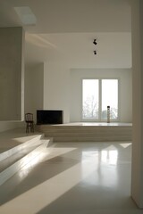 Fototapeta premium Modern Minimalist Interior Design With Large Windows and Sunlight