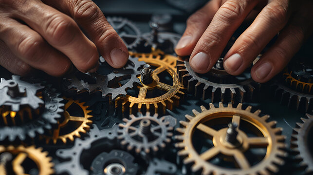 union y conexion de engranajes persona manipulando los engranajes para que se unan mecanismo de union exacta