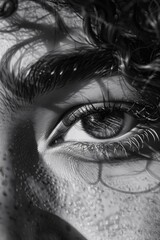 Obraz premium A close-up shot of a person's eye with water droplets on the surface, suitable for use in health or beauty related contexts