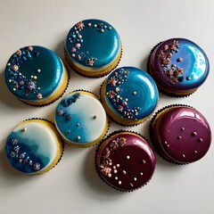 Fototapeta premium Isolated dark blue and dark purple mirror glazed cakes 