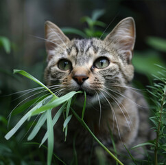 Tabby cat eating green grass close-up